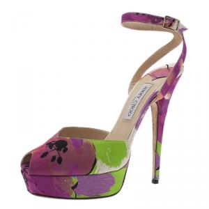 Pre Owned Jimmy Choo Floral Satin Lola Ankle Strap Platform Sandals 39.5
