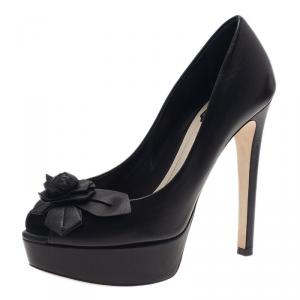 Pre Owned Dior Black Leather Rose Detail Peep Toe Pumps Size 38
