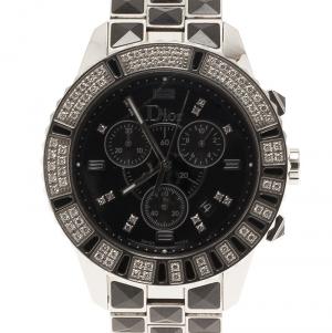 Pre Owned Dior Christal Quartz Chronograph Date Stainless Steel Black Unisex Watch 39 mm