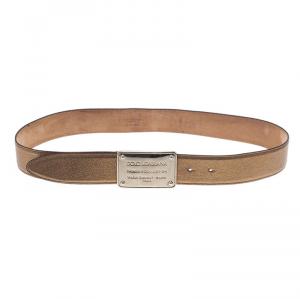 Pre Owned Dolce and Gabbana Gold Metallic Leather Logo Plaque Skinny Belt 85CM