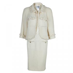 Pre Owned Chanel Cream Wool Textured Skirt Suit L