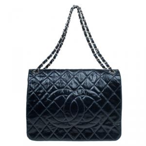 Pre Owned Chanel Navy Blue Quilted Glazed Leather CC Logo Flap Shoulder Bag