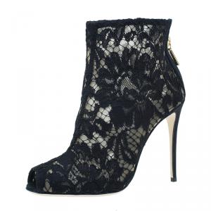 Pre Owned Dolce and Gabbana Black Lace and Mesh Ankle Boots Size 36