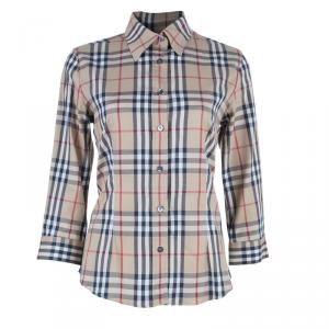 Pre Owned Burberry Novacheck 3/4 Sleeve Cotton Top S