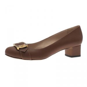 Pre Owned Fendi Brown Leather Chameleon Buckle Block Heel Pumps Size 40