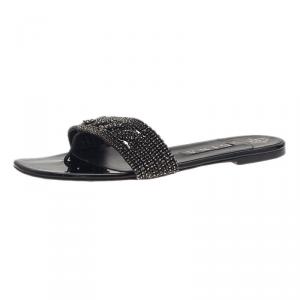 Pre Owned Gina Black Athena Crystal Flat Sandals Size 40