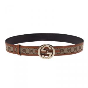 Pre Owned Gucci Beige Guccissima Leather and Canvas GG Buckle Belt 90CM