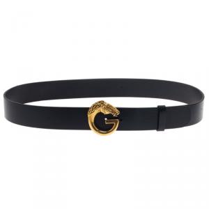 Pre Owned Gucci Black  Leather Horse Head G Buckle Belt 95CM