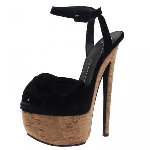 Pre Owned Giuseppe Zanotti Black Suede Bow Cork Ankle Strap Platform Sandals Size 35