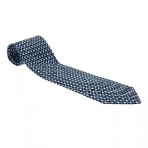 Pre Owned Hermes Navy Blue Printed Silk Tie