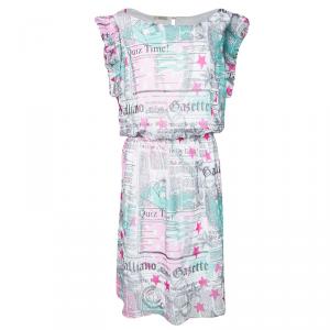 John Galliano Kids Multicolor Gazette Print Gathered Waist Dress 14Yrs
