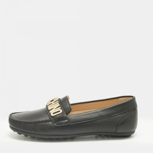 Pre Owned Moschino Black Leather Logo Driving Loafers Size 33 