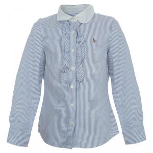 Ralph Lauren White and Blue Striped Cotton Ruffle Detail Long Sleeve Shirt 6 Yrs