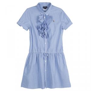 Pre Owned Ralph Lauren Blue Ruffle Detail Buttondown Cotton Dress 14 Yrs