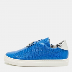 Pre Owned Roberto Cavalli Blue Lizard Embossed Leather Slip On Sneakers Size 35