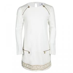 Pre Owned Young Versace White Knit Gold Studded Zip Detail Long Sleeve Dress XXS / 8 Yrs