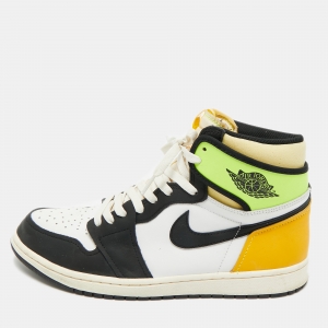 Pre Owned Air Jordans Multicolor Leather Jordan 1 Retro High White Black Volt University Gold Sneakers Size 45.5