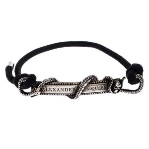 Pre Owned Alexander McQueen Silver Tone Logo Skull Snake Bar Bracelet