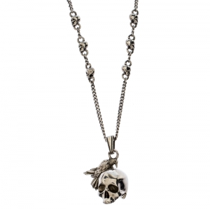 Pre Owned Alexander McQueen Silver Tone Raven And Skull Pendant Necklace