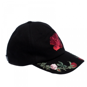 Pre Owned Alexander McQueen Black Stretch Cotton Rose Embroidered Baseball Cap M