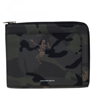 Alexander McQueen Green Camouflage Leather Dancing Skeleton Pouch