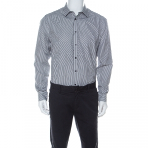  قميص أليكساندر ماكوين بأكمام طويلة وتطريز قفص صدري قطن مخطط أبيض و أسود XL