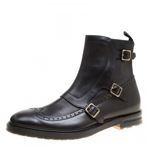 Alexander McQueen Black Brogue Leather Wingtip Buckle Biker Boots Size 44