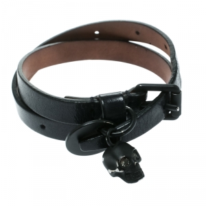 Pre Owned Alexander McQueen Skull Charm Black Leather Double Wrap Bracelet
