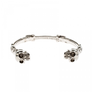 Pre Owned Alexander McQueen Twin Skull Silver Tone Open Cuff Bracelet
