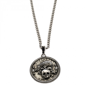 Pre Owned Alexander McQueen Crow & Skull Motif Medallion Silver Tone Long Necklace