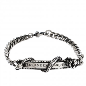 Pre Owned Alexander McQueen Logo Skull Snake Bar Silver Tone Chain Bracelet