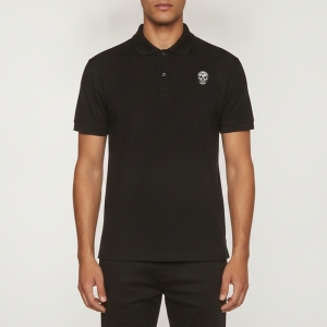Pre Owned Alexander McQueen Black Embroidered Skull Patch Pique Cotton Polo T-Shirt XL