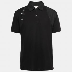 Pre Owned Alexander McQueen Black Cotton Pique Harness Appliqued Polo T-Shirt XXL