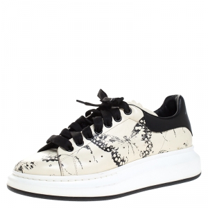 Alexander McQueen Cream/Black Butterfly Print Leather Lace Up Sneakers Size 42