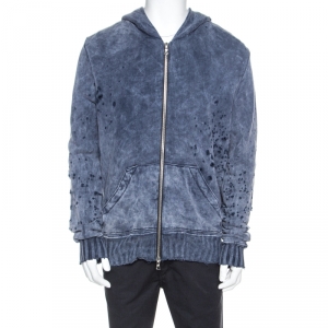 Amiri Blue Bleached Effect Knit Distressed Zip Front Shotgun Hoodie L