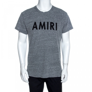Amiri Grey Logo Printed Slub Knit Distressed Crew Neck T-Shirt S