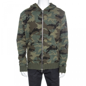 Amiri Green Camouflage Print Knit Distressed Shotgun Hoodie L