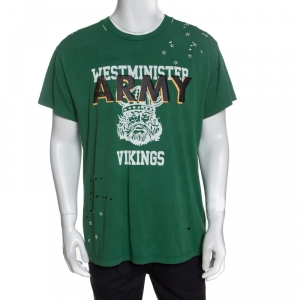 Amiri Green Distressed Cotton Vikings T-Shirt M