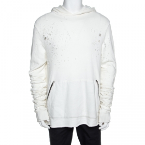 Amiri Off White Distressed Knit Shotgun Hooded Sweatshirt M