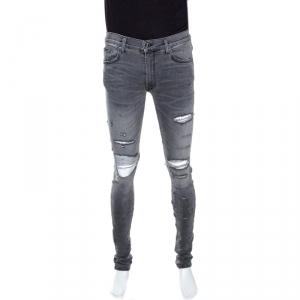 Amiri Grey Washed Denim Distressed Skinny Jeans M