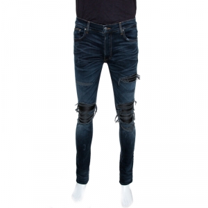 Amiri Blue Distressed Denim Leather Patched MX1 Jeans M