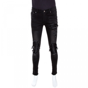 Amiri Black Distressed Denim Ribbed Leather Trim Skinny Jeans M