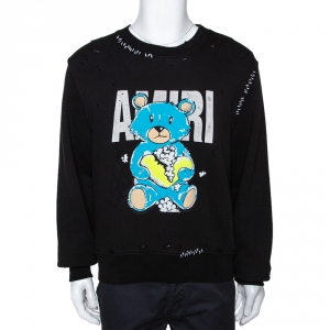 Amiri Black Distressed Knit Teddy Repair Crew Neck Sweatshirt S