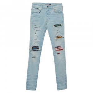 Amiri Blue Denim Contrast Patch Detail Distressed Skinny Jeans XS