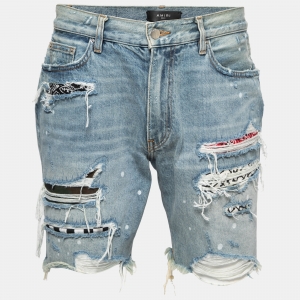 Amiri Light Blue Distressed Denim Bandana Detail Shorts S Waist 31"