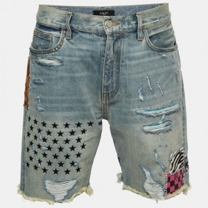 Amiri Light Blue Faded Distressed Denim Patched Shorts M Waist 32"