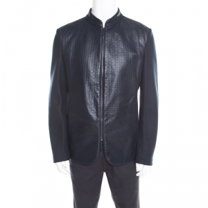 Pre Owned Armani Collezioni Navy Blue Wool Leather Front Panel Detail Zip Front Jacket XXL