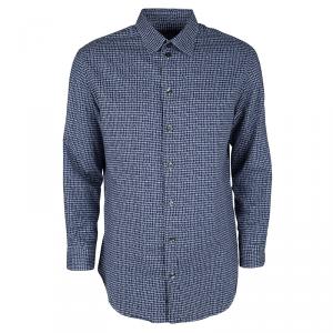 Armani Collezioni Blue and White Printed Long Sleeve Button Front Shirt L