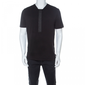 Pre Owned  Armani Collezioni Black Cotton Leather Panel Insert T-Shirt XL