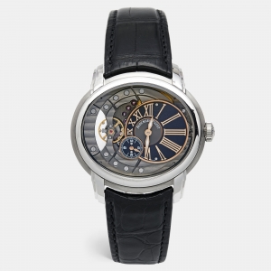 Audemars Piguet Black Anthracite Skeleton Stainless Steel Alligator Millenary 4101 15350ST.OO.D002CR.01 Men's Wristwatch 47 mm